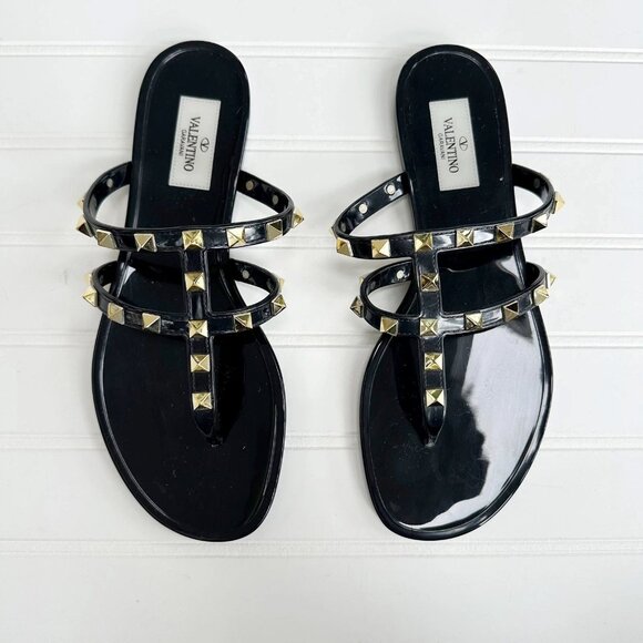 Valentino Garavani Rockstud Black Jelly Sandal Flip Flop Stud Shiny Slide SZ 37 - Picture 5 of 6